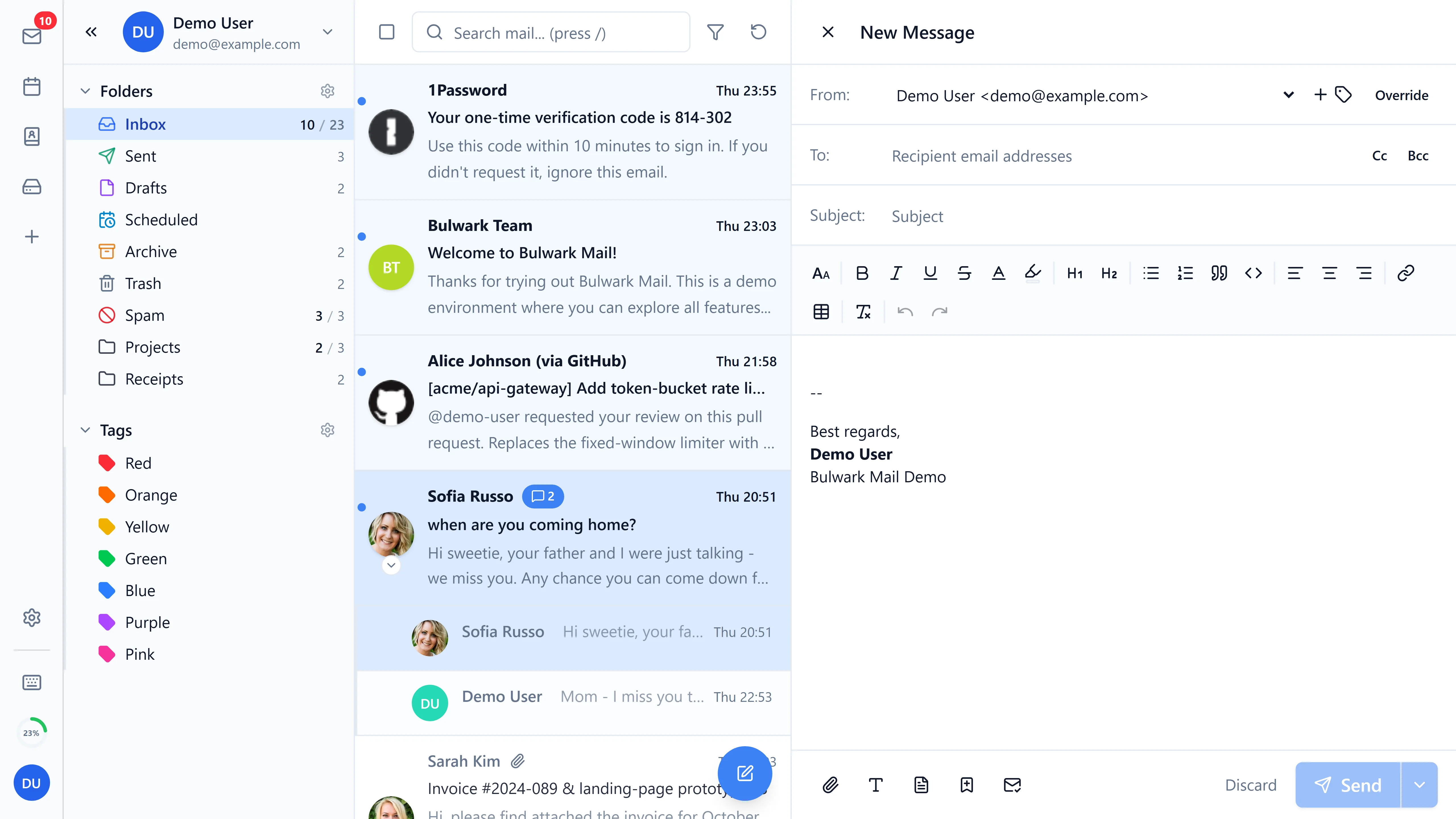 Composing a message in Webmail (Bulwark, light theme)